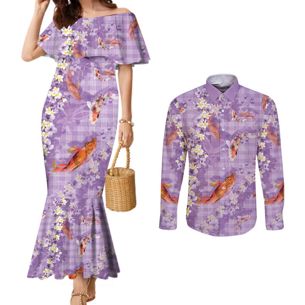 Purple Palaka Hawaiian And Japanese Couples Matching Mermaid Dress and Long Sleeve Button Shirt Sakura Lei With Koi Fish DT05 Purple - Polynesian Pride