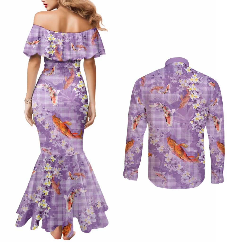 Purple Palaka Hawaiian And Japanese Couples Matching Mermaid Dress and Long Sleeve Button Shirt Sakura Lei With Koi Fish DT05 - Polynesian Pride