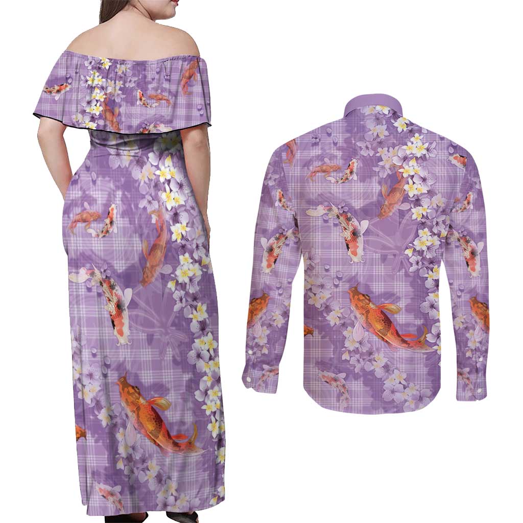 Purple Palaka Hawaiian And Japanese Couples Matching Off Shoulder Maxi Dress and Long Sleeve Button Shirt Sakura Lei With Koi Fish DT05 - Polynesian Pride