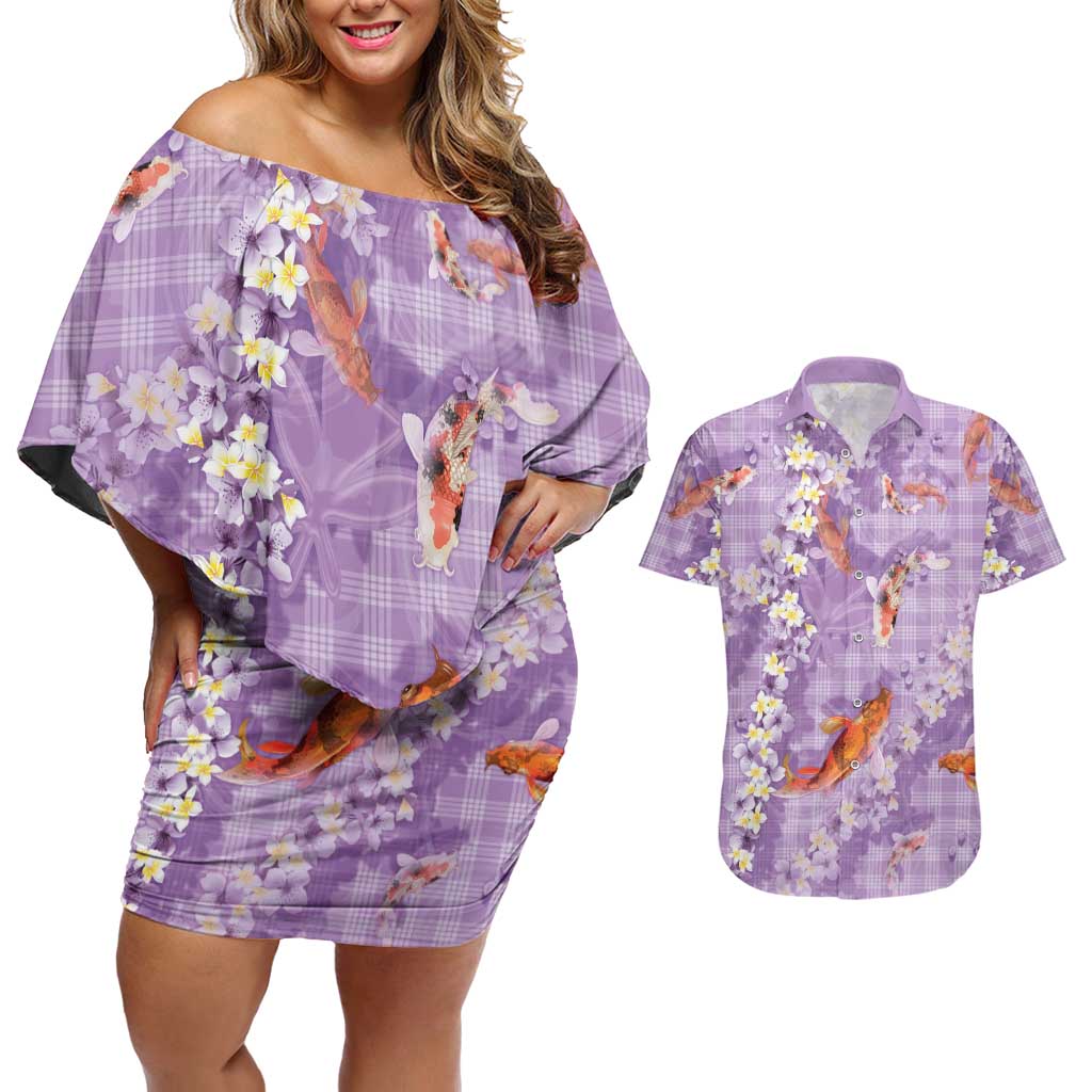 Purple Palaka Hawaiian And Japanese Couples Matching Off Shoulder Short Dress and Hawaiian Shirt Sakura Lei With Koi Fish DT05 Purple - Polynesian Pride