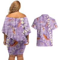 Purple Palaka Hawaiian And Japanese Couples Matching Off Shoulder Short Dress and Hawaiian Shirt Sakura Lei With Koi Fish DT05 - Polynesian Pride