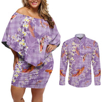 Purple Palaka Hawaiian And Japanese Couples Matching Off Shoulder Short Dress and Long Sleeve Button Shirt Sakura Lei With Koi Fish DT05 Purple - Polynesian Pride