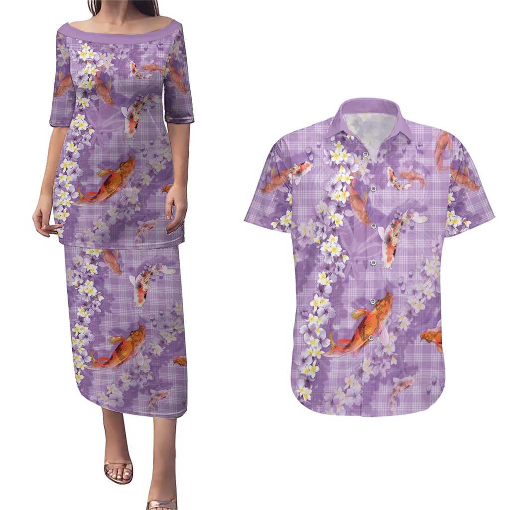 Purple Palaka Hawaiian And Japanese Couples Matching Puletasi and Hawaiian Shirt Sakura Lei With Koi Fish DT05 Purple - Polynesian Pride