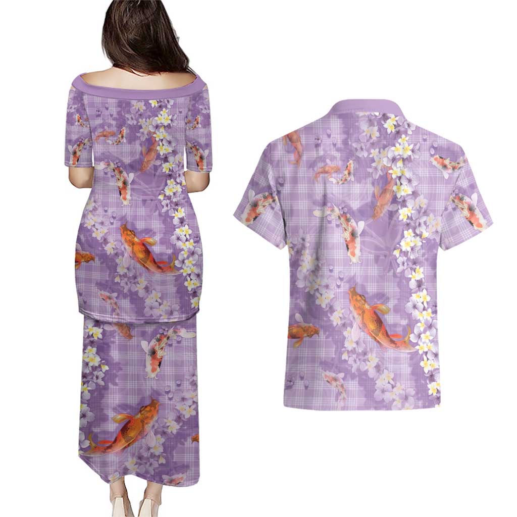 Purple Palaka Hawaiian And Japanese Couples Matching Puletasi and Hawaiian Shirt Sakura Lei With Koi Fish DT05 - Polynesian Pride