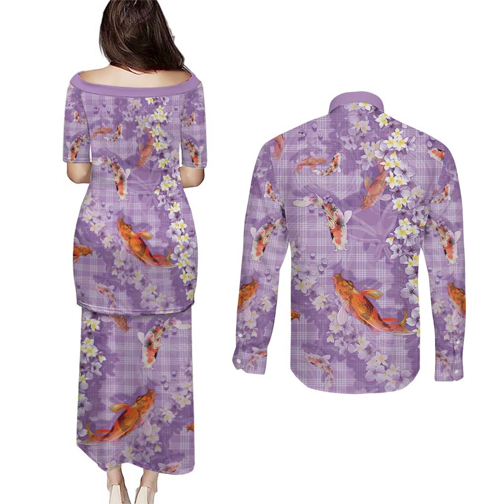 Purple Palaka Hawaiian And Japanese Couples Matching Puletasi and Long Sleeve Button Shirt Sakura Lei With Koi Fish DT05 - Polynesian Pride