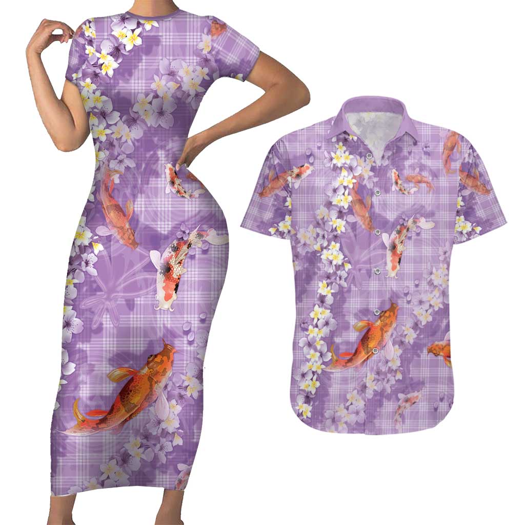 Purple Palaka Hawaiian And Japanese Couples Matching Short Sleeve Bodycon Dress and Hawaiian Shirt Sakura Lei With Koi Fish DT05 Purple - Polynesian Pride