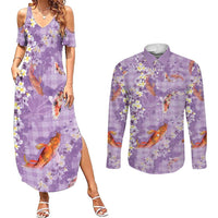 Purple Palaka Hawaiian And Japanese Couples Matching Summer Maxi Dress and Long Sleeve Button Shirt Sakura Lei With Koi Fish DT05 Purple - Polynesian Pride
