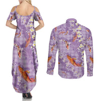Purple Palaka Hawaiian And Japanese Couples Matching Summer Maxi Dress and Long Sleeve Button Shirt Sakura Lei With Koi Fish DT05 - Polynesian Pride