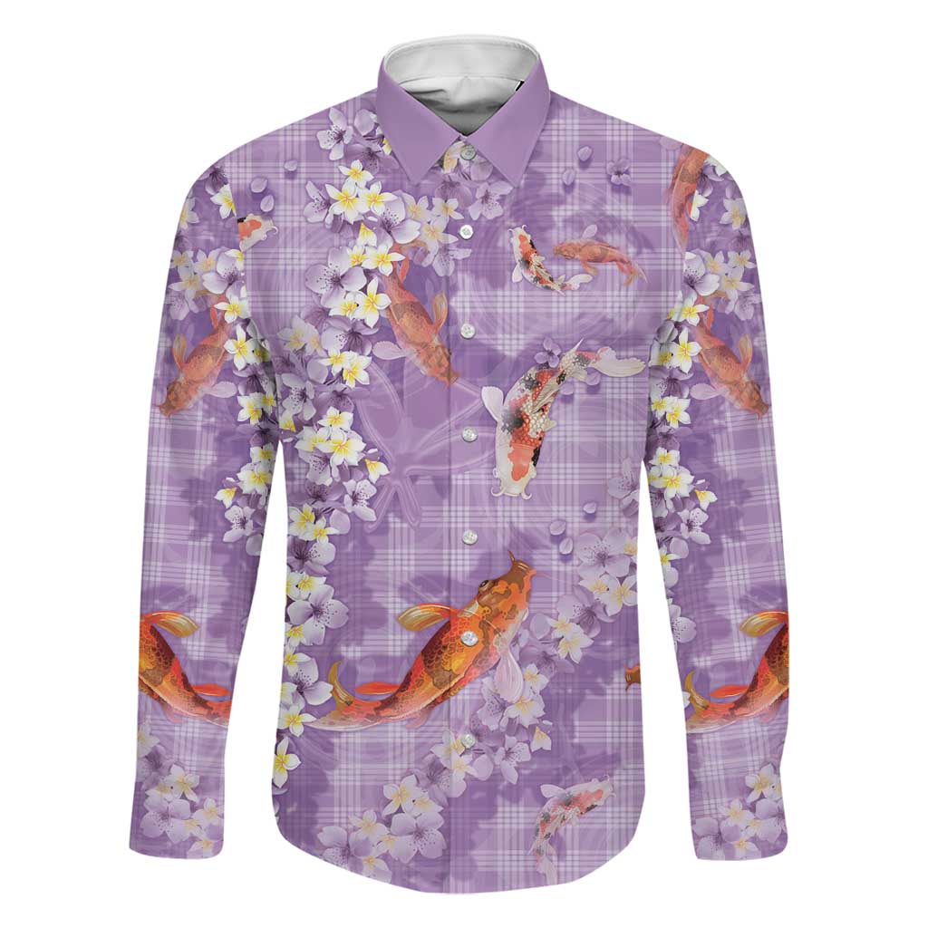 Purple Palaka Hawaiian And Japanese Family Matching Mermaid Dress and Hawaiian Shirt Sakura Lei With Koi Fish DT05 Dad's Shirt - Long Sleeve Purple - Polynesian Pride