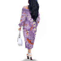 Purple Palaka Hawaiian And Japanese Family Matching Off The Shoulder Long Sleeve Dress and Hawaiian Shirt Sakura Lei With Koi Fish DT05 - Polynesian Pride