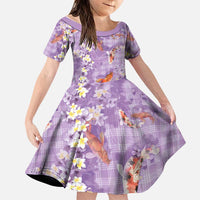 Purple Palaka Hawaiian And Japanese Family Matching Off Shoulder Maxi Dress and Hawaiian Shirt Sakura Lei With Koi Fish DT05 Daughter's Dress Purple - Polynesian Pride