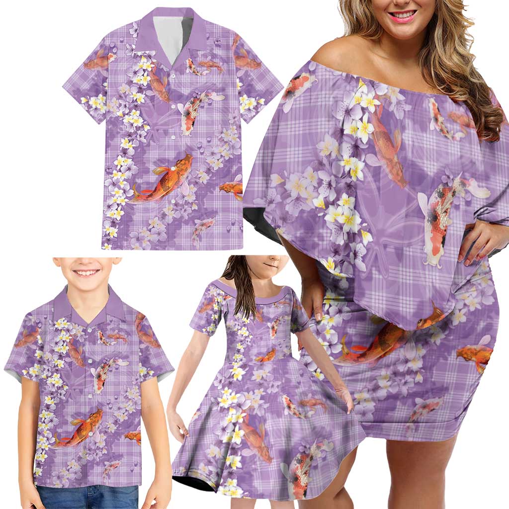 Purple Palaka Hawaiian And Japanese Family Matching Off Shoulder Short Dress and Hawaiian Shirt Sakura Lei With Koi Fish DT05 - Polynesian Pride
