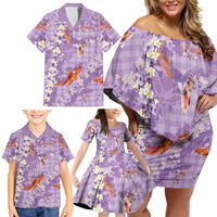 Purple Palaka Hawaiian And Japanese Family Matching Off Shoulder Short Dress and Hawaiian Shirt Sakura Lei With Koi Fish DT05 - Polynesian Pride