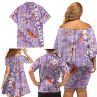 Purple Palaka Hawaiian And Japanese Family Matching Off Shoulder Short Dress and Hawaiian Shirt Sakura Lei With Koi Fish DT05 - Polynesian Pride