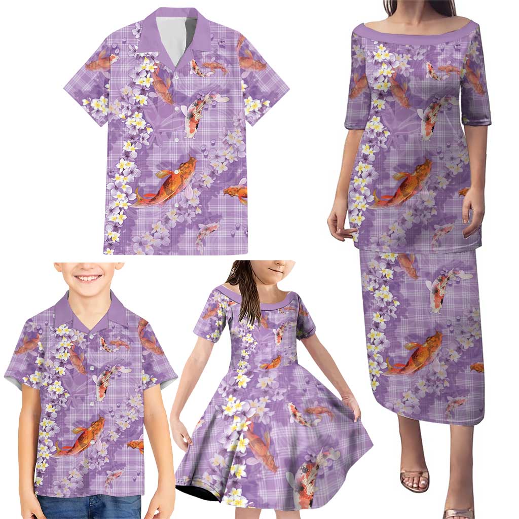 Purple Palaka Hawaiian And Japanese Family Matching Puletasi and Hawaiian Shirt Sakura Lei With Koi Fish DT05 - Polynesian Pride