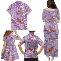 Purple Palaka Hawaiian And Japanese Family Matching Puletasi and Hawaiian Shirt Sakura Lei With Koi Fish DT05 - Polynesian Pride