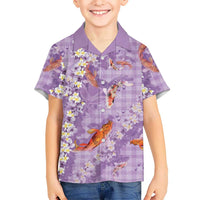 Purple Palaka Hawaiian And Japanese Family Matching Summer Maxi Dress and Hawaiian Shirt Sakura Lei With Koi Fish DT05 Son's Shirt Purple - Polynesian Pride