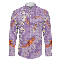 Purple Palaka Hawaiian And Japanese Family Matching Tank Maxi Dress and Hawaiian Shirt Sakura Lei With Koi Fish DT05 Dad's Shirt - Long Sleeve Purple - Polynesian Pride