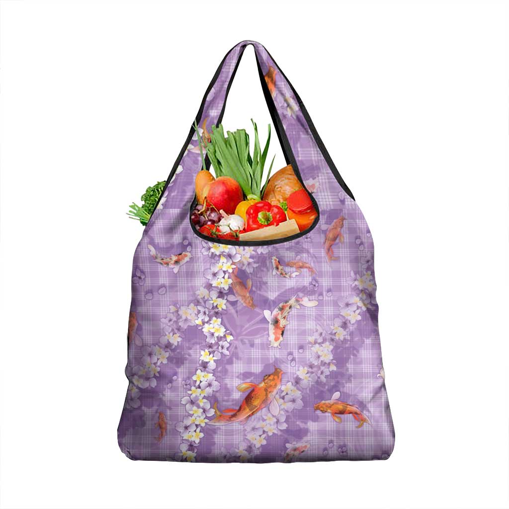 Purple Palaka Hawaiian And Japanese Grocery Bag Sakura Lei With Koi Fish DT05 1-pack One Size Purple - Polynesian Pride