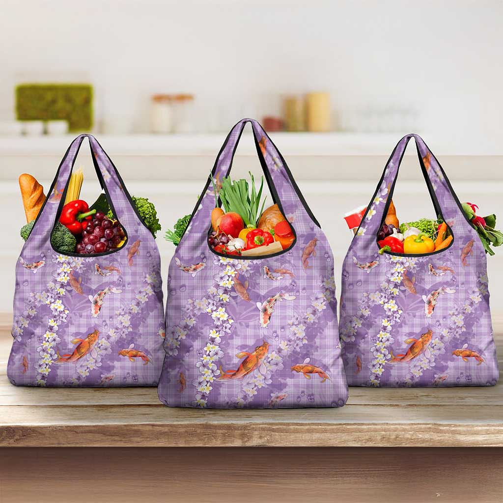 Purple Palaka Hawaiian And Japanese Grocery Bag Sakura Lei With Koi Fish DT05 3-pack One Size Purple - Polynesian Pride