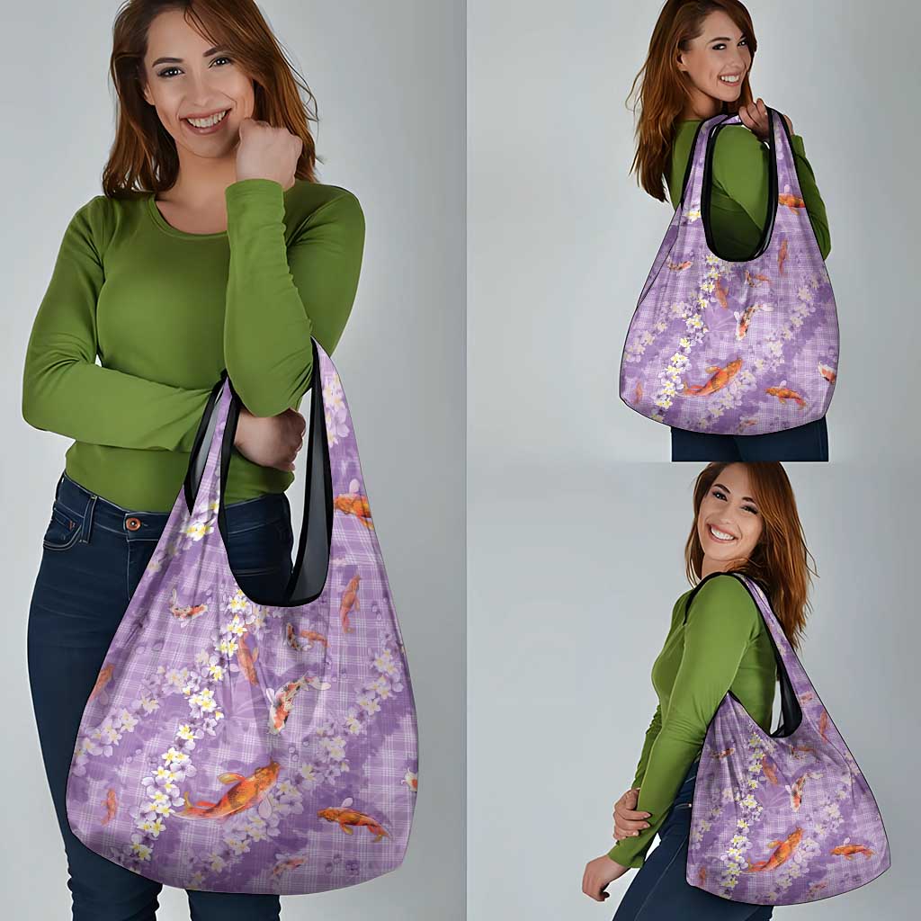 Purple Palaka Hawaiian And Japanese Grocery Bag Sakura Lei With Koi Fish DT05 - Polynesian Pride