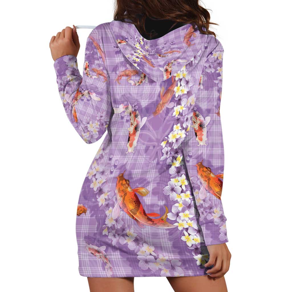 Purple Palaka Hawaiian And Japanese Hoodie Dress Sakura Lei With Koi Fish DT05 - Polynesian Pride