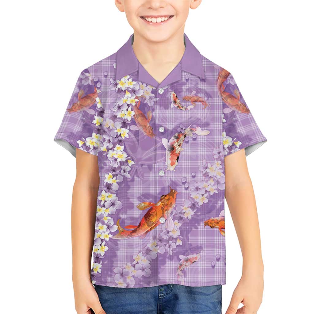 Purple Palaka Hawaiian And Japanese Kid Hawaiian Shirt Sakura Lei With Koi Fish - Polynesian Pride