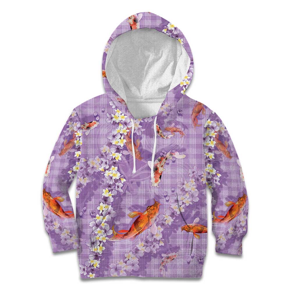 Purple Palaka Hawaiian And Japanese Kid Hoodie Sakura Lei With Koi Fish - Polynesian Pride