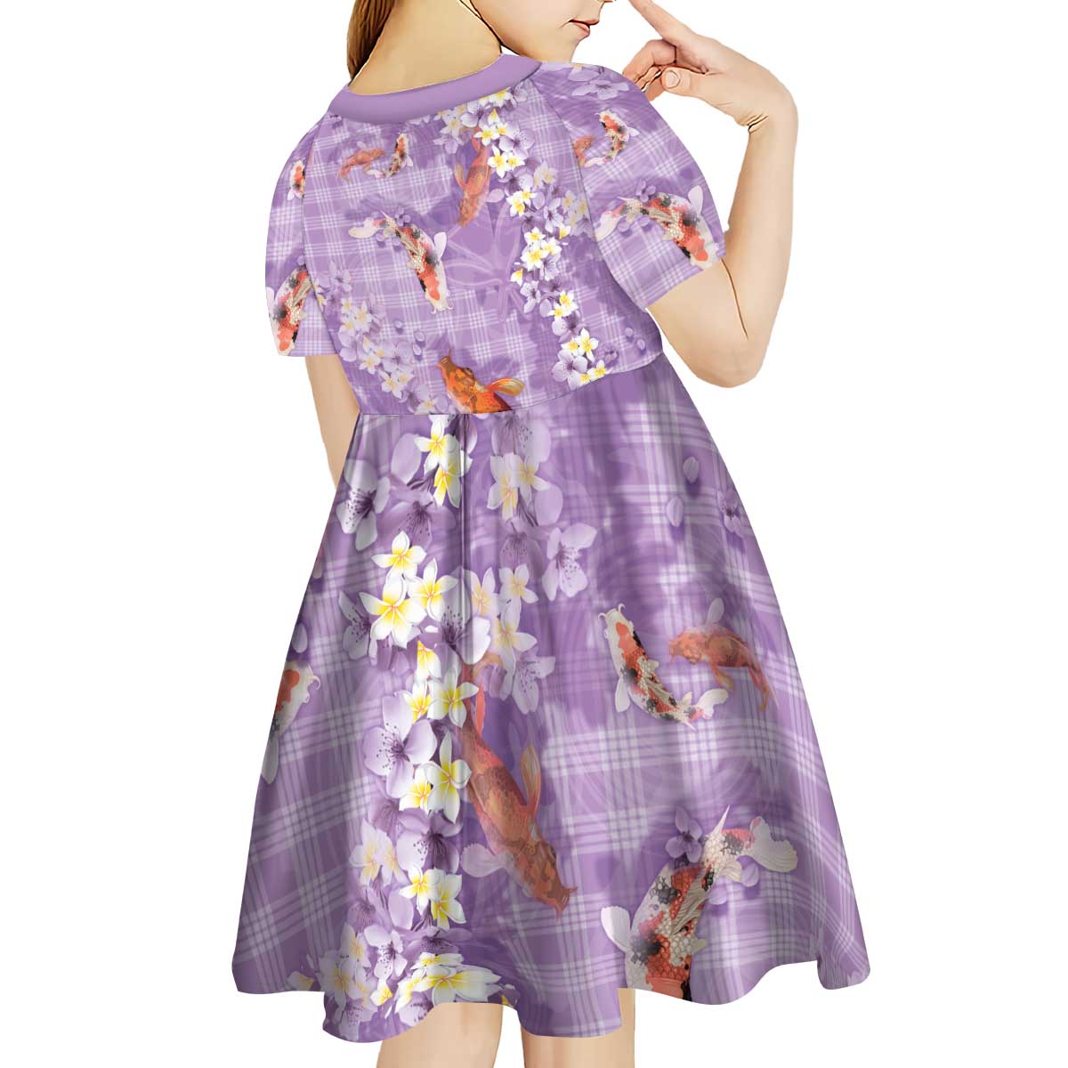 Purple Palaka Hawaiian And Japanese Kid Short Sleeve Dress Sakura Lei With Koi Fish DT05 - Polynesian Pride