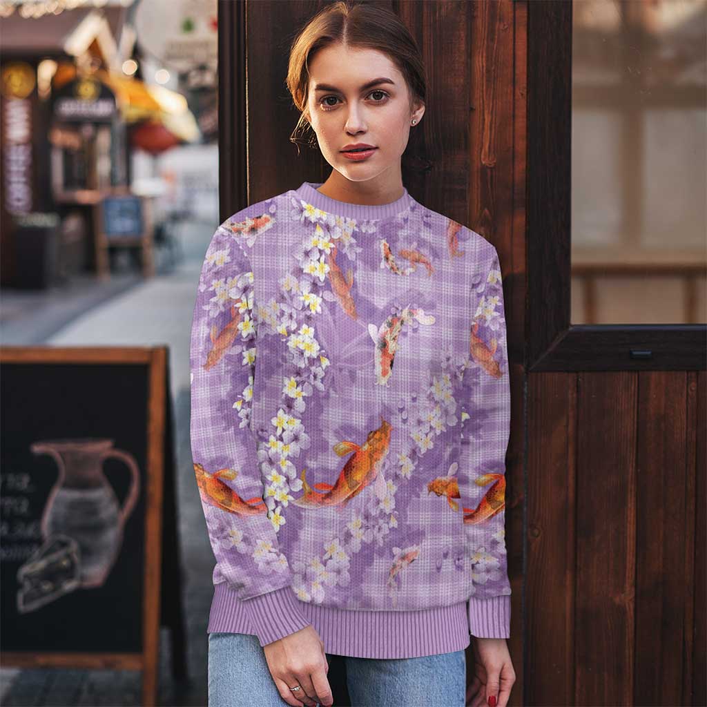 Purple Palaka Hawaiian And Japanese Ugly Christmas Sweater Sakura Lei With Koi Fish - Polynesian Pride