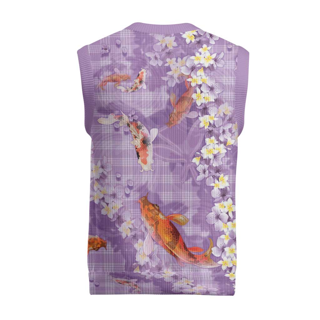 Purple Palaka Hawaiian And Japanese Christmas Knitted V-Neck Vest Sakura Lei With Koi Fish DT05 - Polynesian Pride
