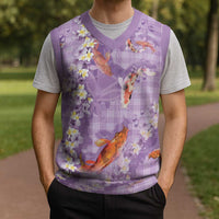 Purple Palaka Hawaiian And Japanese Christmas Knitted V-Neck Vest Sakura Lei With Koi Fish DT05 - Polynesian Pride