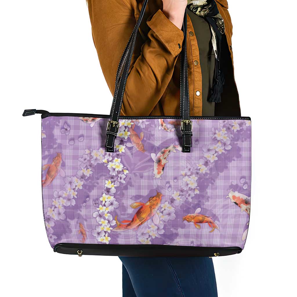 Purple Palaka Hawaiian And Japanese Leather Tote Bag Sakura Lei With Koi Fish - Polynesian Pride