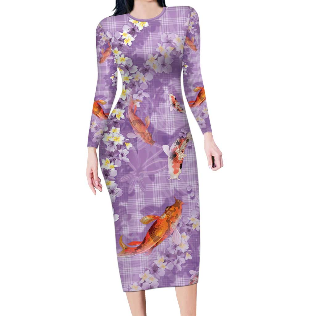 Purple Palaka Hawaiian And Japanese Long Sleeve Bodycon Dress Sakura Lei With Koi Fish DT05 Long Dress Purple - Polynesian Pride