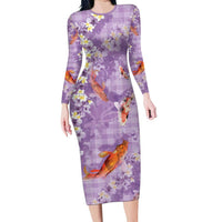 Purple Palaka Hawaiian And Japanese Long Sleeve Bodycon Dress Sakura Lei With Koi Fish DT05 Long Dress Purple - Polynesian Pride
