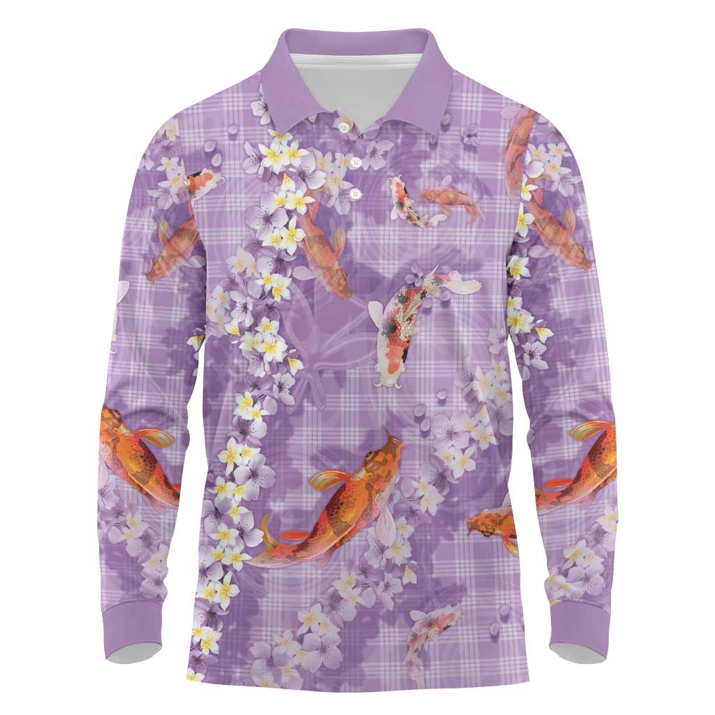 Purple Palaka Hawaiian And Japanese Long Sleeve Polo Shirt Sakura Lei With Koi Fish DT05 Purple - Polynesian Pride