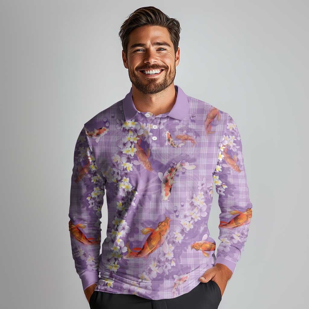 Purple Palaka Hawaiian And Japanese Long Sleeve Polo Shirt Sakura Lei With Koi Fish DT05 - Polynesian Pride