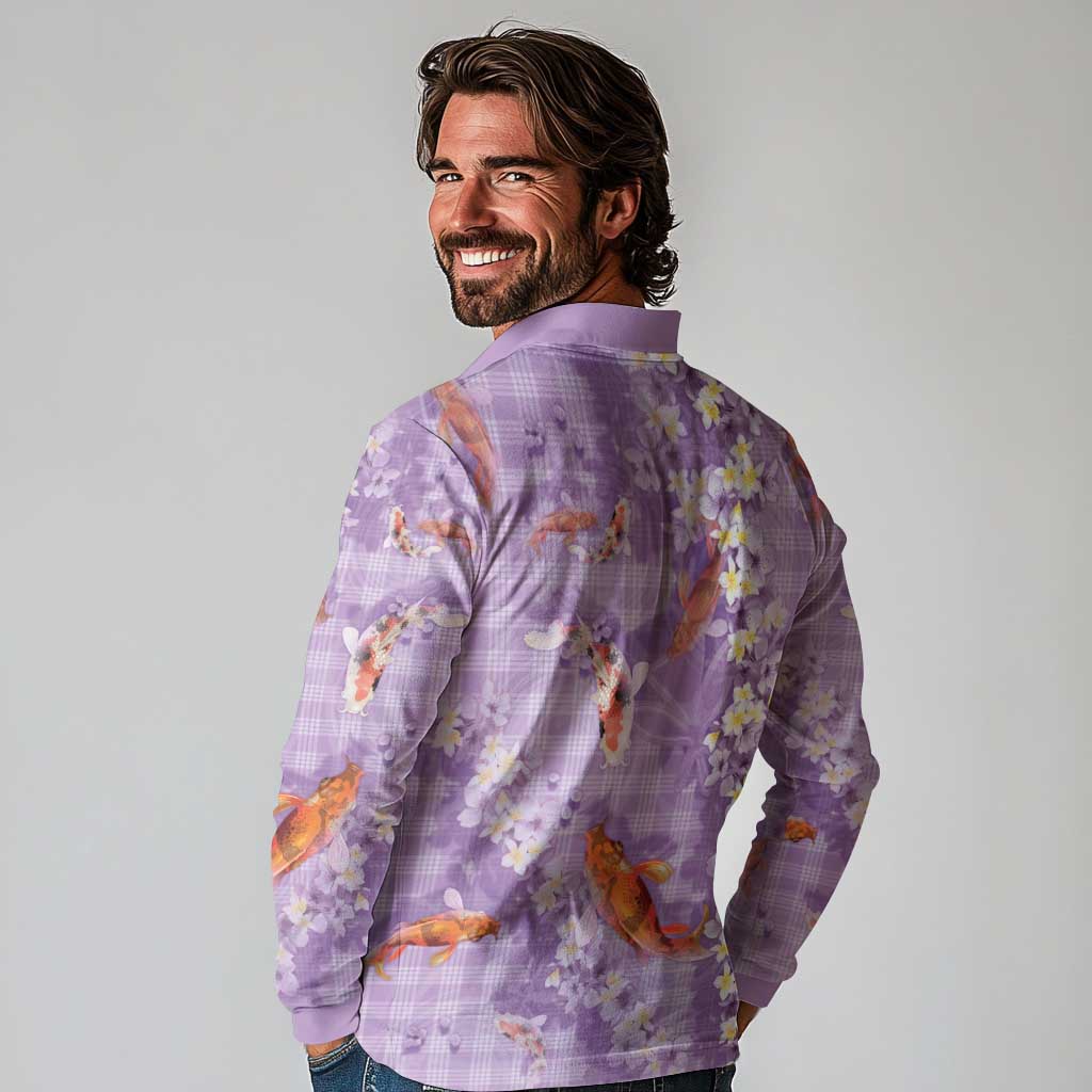 Purple Palaka Hawaiian And Japanese Long Sleeve Polo Shirt Sakura Lei With Koi Fish DT05 - Polynesian Pride