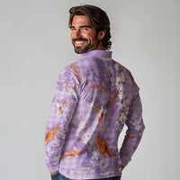 Purple Palaka Hawaiian And Japanese Long Sleeve Polo Shirt Sakura Lei With Koi Fish DT05 - Polynesian Pride