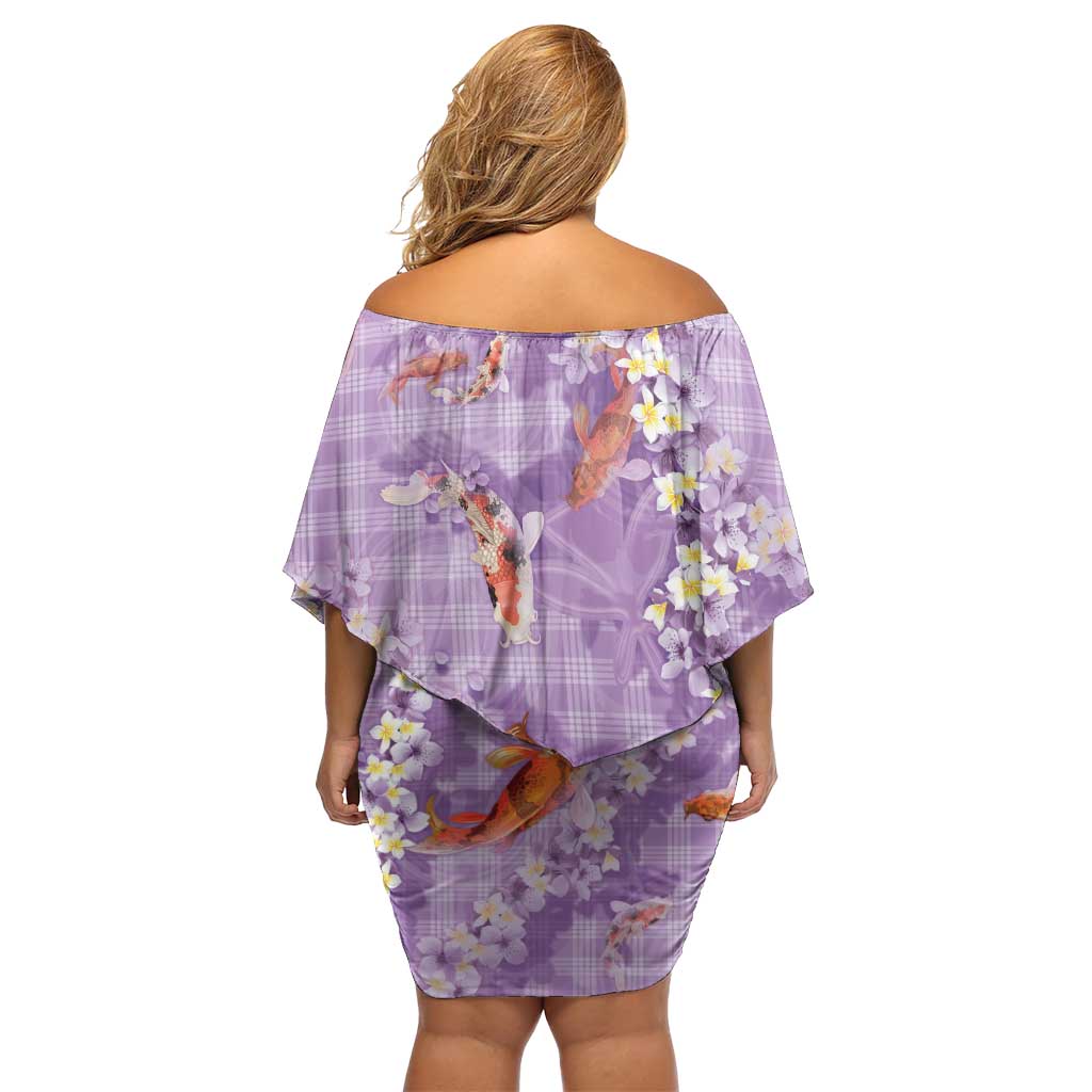 Purple Palaka Hawaiian And Japanese Off Shoulder Short Dress Sakura Lei With Koi Fish - Polynesian Pride
