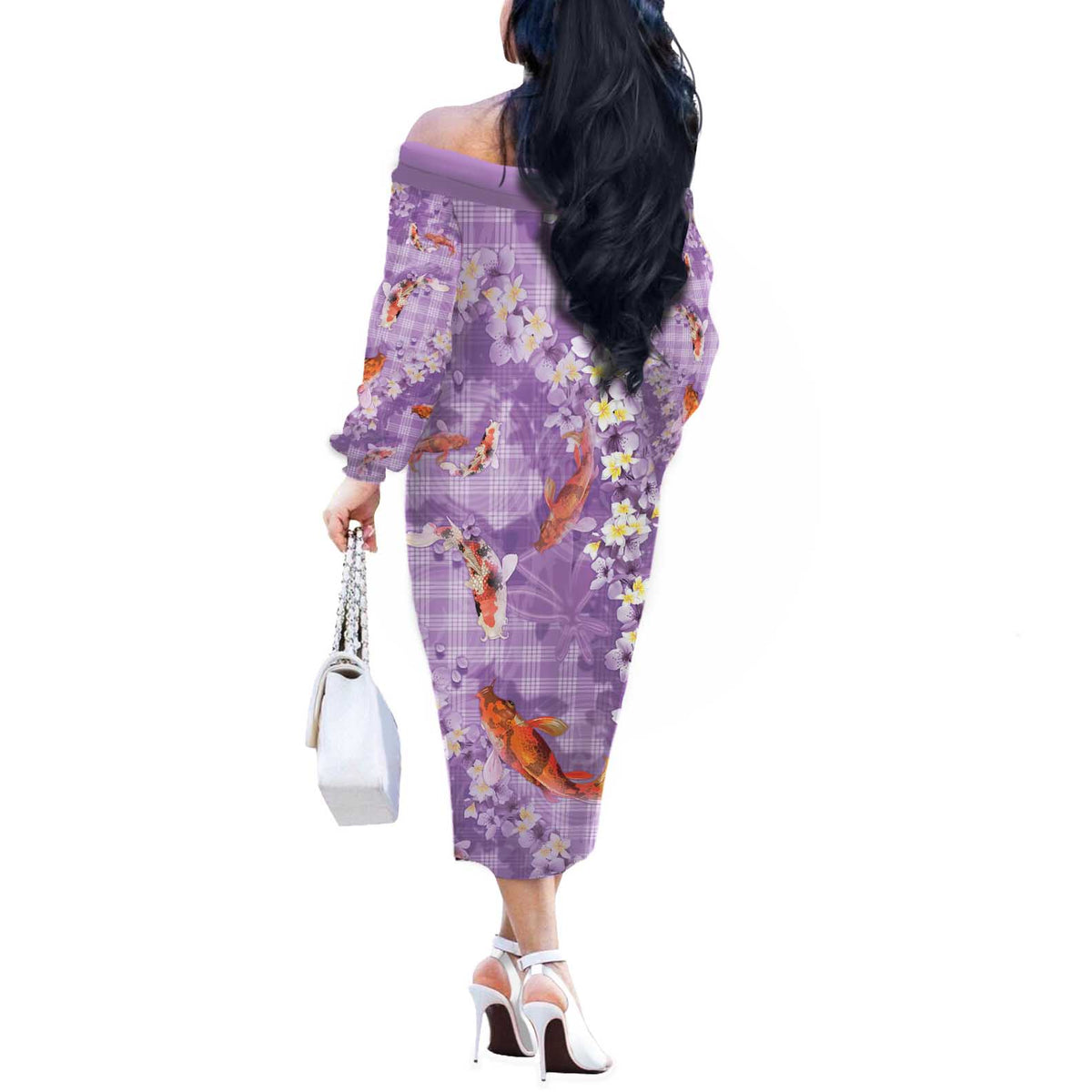 Purple Palaka Hawaiian And Japanese Off The Shoulder Long Sleeve Dress Sakura Lei With Koi Fish DT05 - Polynesian Pride