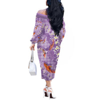 Purple Palaka Hawaiian And Japanese Off The Shoulder Long Sleeve Dress Sakura Lei With Koi Fish DT05 - Polynesian Pride