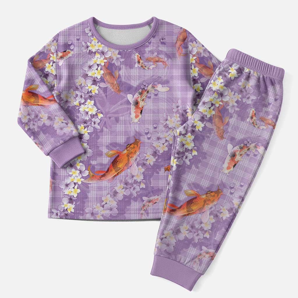 Purple Palaka Hawaiian And Japanese Christmas Pajama Set Sakura Lei With Koi Fish - Polynesian Pride