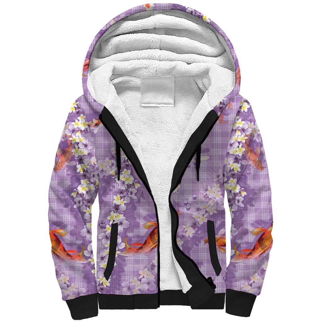 Purple Palaka Hawaiian And Japanese Sherpa Hoodie Sakura Lei With Koi Fish DT05 Unisex Purple - Polynesian Pride