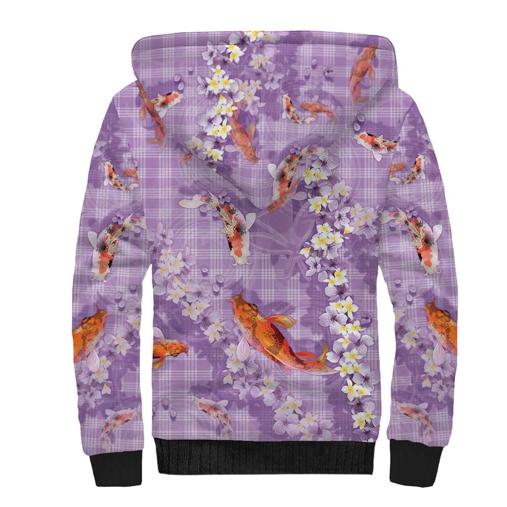 Purple Palaka Hawaiian And Japanese Sherpa Hoodie Sakura Lei With Koi Fish DT05 - Polynesian Pride