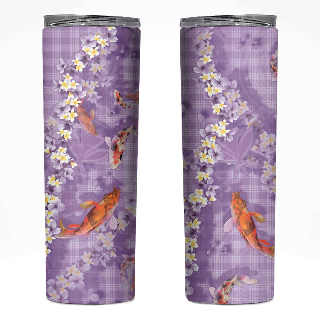 Purple Palaka Hawaiian And Japanese Skinny Tumbler Sakura Lei With Koi Fish DT05 Purple - Polynesian Pride