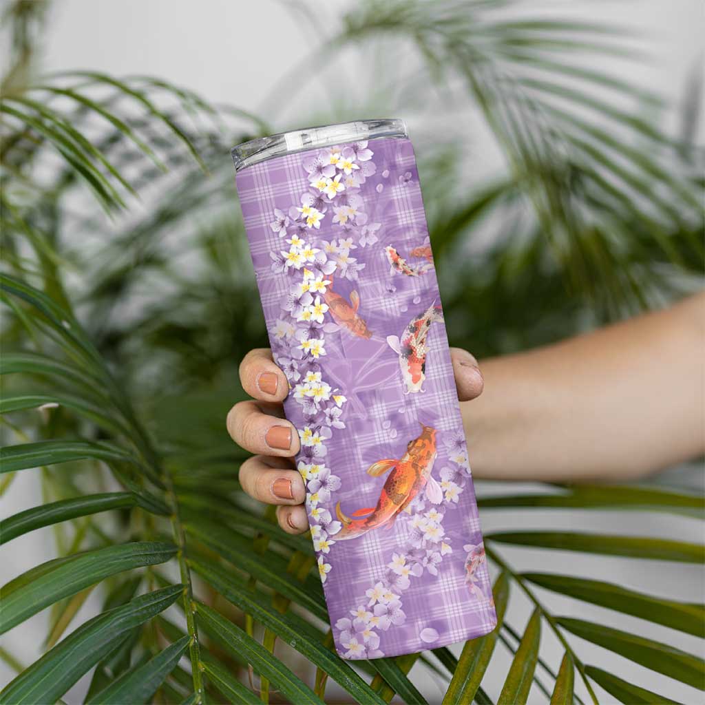 Purple Palaka Hawaiian And Japanese Skinny Tumbler Sakura Lei With Koi Fish DT05 - Polynesian Pride