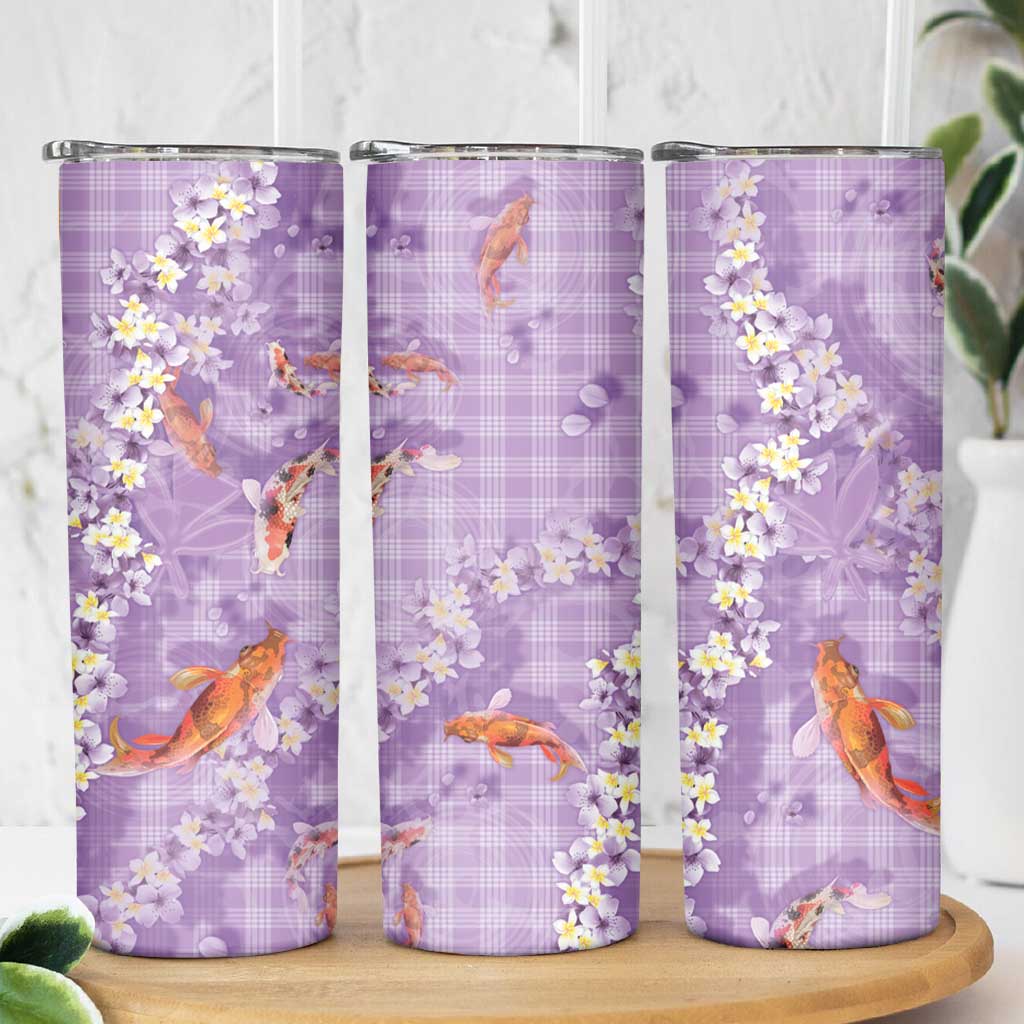 Purple Palaka Hawaiian And Japanese Skinny Tumbler Sakura Lei With Koi Fish DT05 - Polynesian Pride