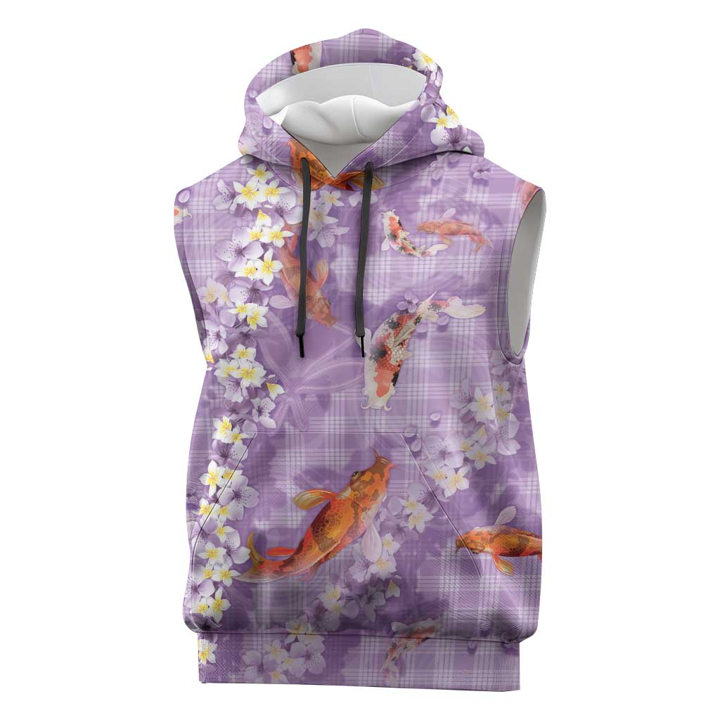 Purple Palaka Hawaiian And Japanese Sleeveless Hoodie Sakura Lei With Koi Fish DT05 Purple - Polynesian Pride