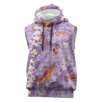 Purple Palaka Hawaiian And Japanese Sleeveless Hoodie Sakura Lei With Koi Fish DT05 Purple - Polynesian Pride
